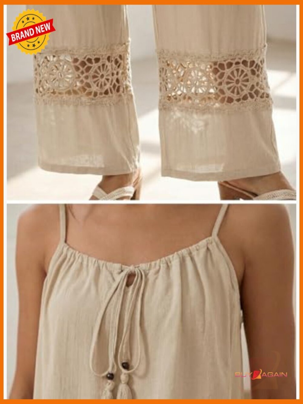 2 Piece Sets for Women Summer Spaghetti Strap Tie Knot Top Lace Wide Leg Pants - Picture 5 of 7
